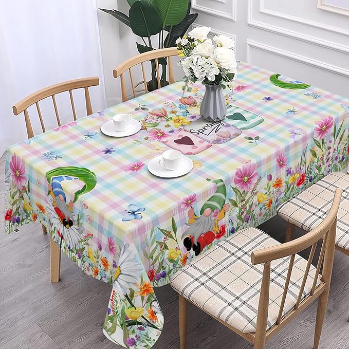 Spring Tablecloth, Rectangle 60 x 104 with Gnome Flowers, Oblong Tablecloth Buffalo Check Plaid Kitchen Table Cover for Dining Room Indoor Decor