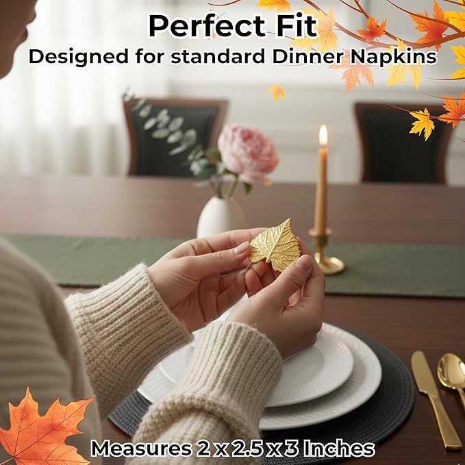 CLEENTABLE Elegant Handcrafted Leaf Napkin Rings - Set of 12 Premium Aluminum Holders for Dinner Parties, Weddings, Special Occasions & Everyday Dining (Gold)