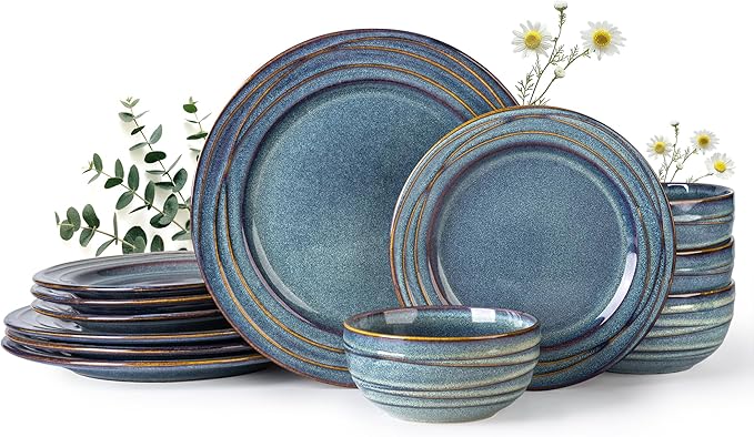 GBHOME Ceramic Dinnerware Sets,12 pcs Embossed Elegant Stoneware Plates and Bowls Sets, Housewarming Wedding Gift | Dishwasher & Microwave Safe | Dishes Set Service for 4,Ceylon Blue