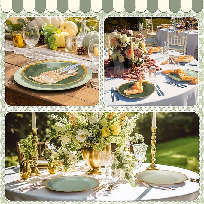 96 Pcs Sage Green Paper Plates 9 Inch Gradient Scalloped Paper Disposable Dinner Dessert Plates for Birthday Wedding Bridal Party Supplies, 6 Colors