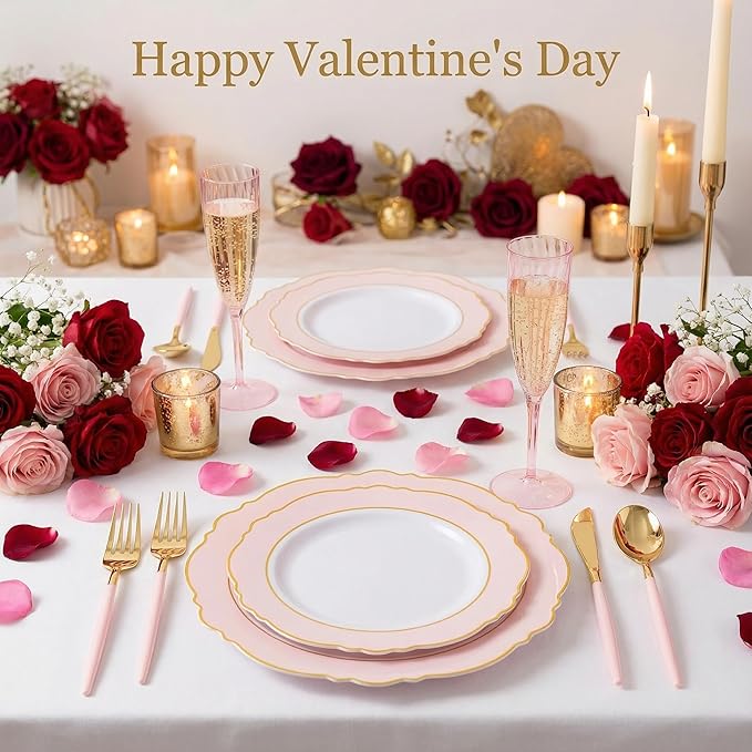 WDF 30Guest Pink Plates Disposable - Hign-end Baroque Design - Gold Plastic Silverware with Handle-Baroque Pink &Gold Plastic Dinnerware for Valentine's Day/Wedding