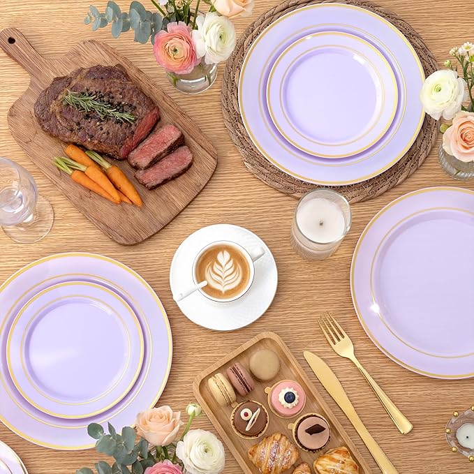 175PCS Purple Plates Disposable - Lavender Plastic Plates 25Guests Plastic Dinnerware with Rolled Napkins for Birthday/Spring/Baby Shower/Easter