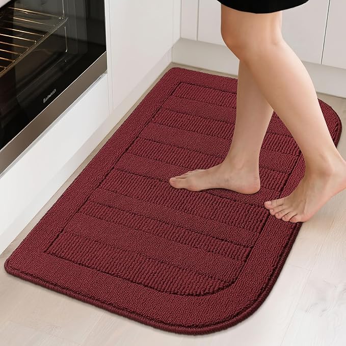 BEQHAUSE 24x36 Inch Kitchen Rug Mat Durable Kitchen Rugs Non-Slip Washable Absorbent Kitchen Mats for Floor Dirt-Resistant Semicircular Kitchen Mat (Red)