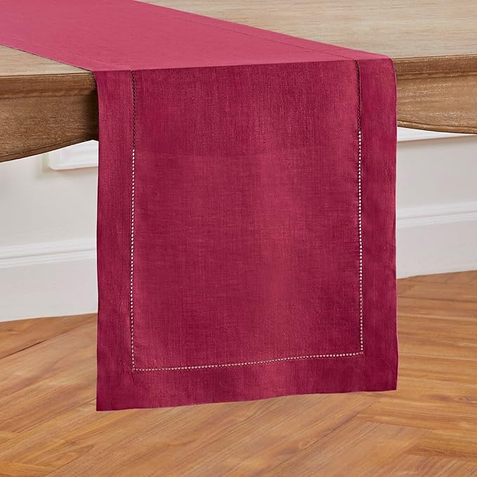 Solino Home Linen Table Runner 60 Inches - 100% Pure Linen Beet Hemstitch Table Runner 14 x 60 Inch Ideal for Dresser and Coffee Tables - Valentines, Easter, Winter - Classic Hemstitch