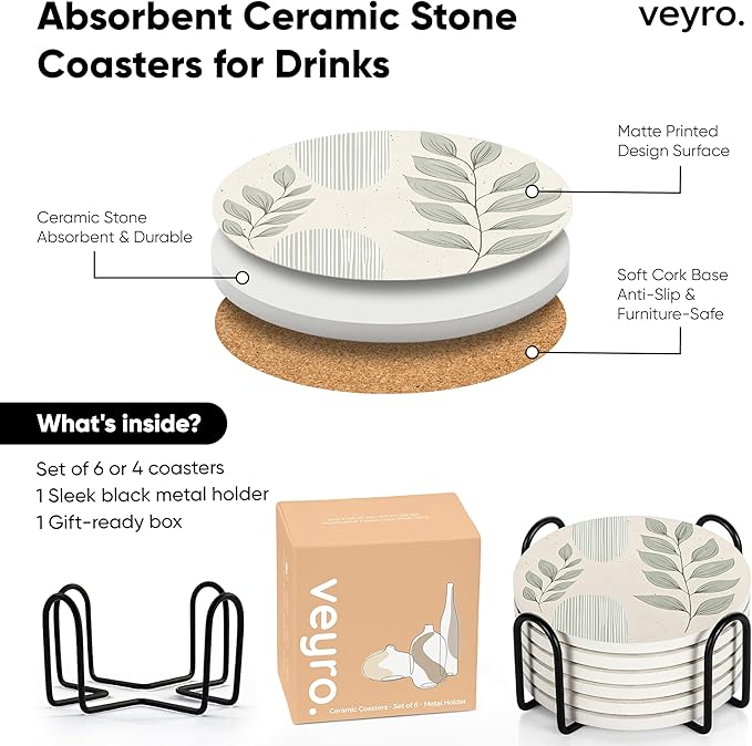 VEYRO Ceramic Coasters Set of 4 – Absorbent Stone Drink Coasters with Holder, Non-Slip Cork Backing, Modern Marble Look Coasters for Coffee Table, Desk & Home Decor