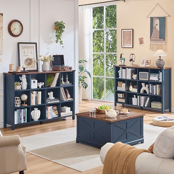 12 Cube Storage Organizer, Farmhouse 62 Inch Wide Navy Blue Display Bookshelf, Wooden 3 Tier Large Open Book Shelf, Vintage Bookcase for Home Office, Cubby Cabinet for Living Room, Bedroom