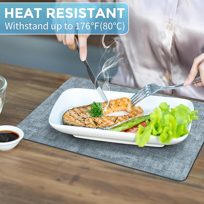 Placemats Set of 8 Washable, Heat Resistant Table Placemats Wipeable Faux Leather Place Mats Non Slip, Waterproof Square Table Mats for Indoor Outdoor, Light Blue