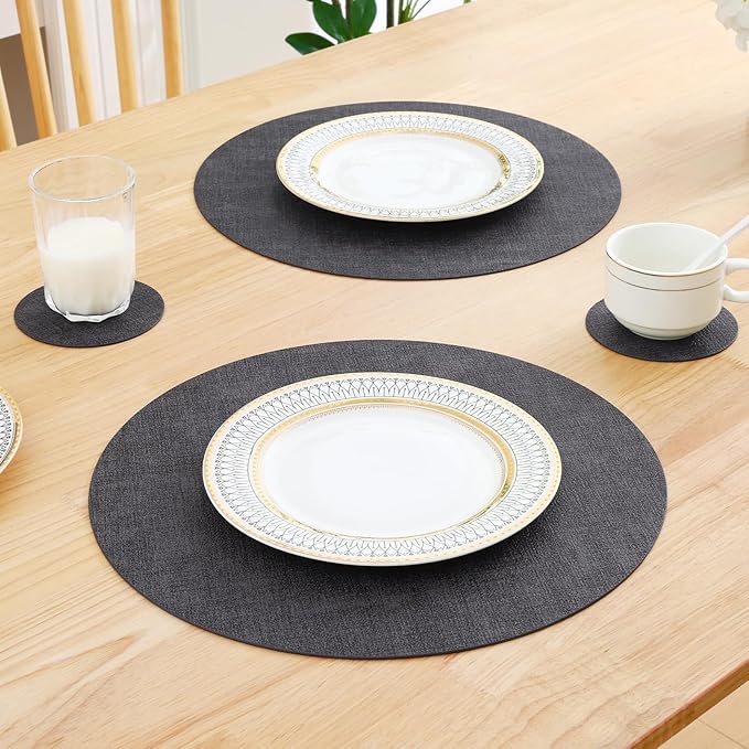 Homaxy Round Faux Leather Placemats and Coasters, Washable Dual-Side Table Mats, Wipeable Heat-Resistant Dining Place Mats for Outdoor and Indoor, Set of 6, Diameter 13 and 3.93 inch, Dark Grey