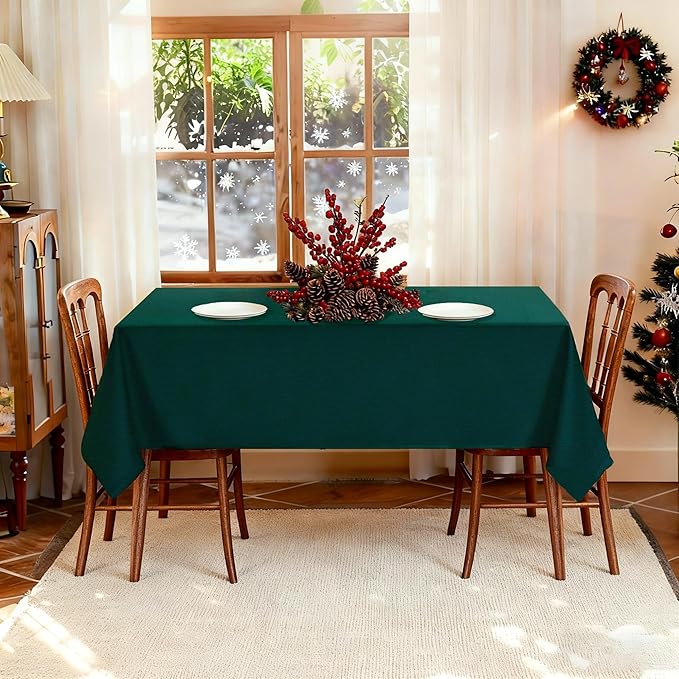 Winter Green Textured Fabric Rectangle Tablecloth, Faux Linen Water Resistant Table Cloth for 6 Foot Rectangular Table Washable for Dinig Party Holiday Decoration 60 x 84 Inch