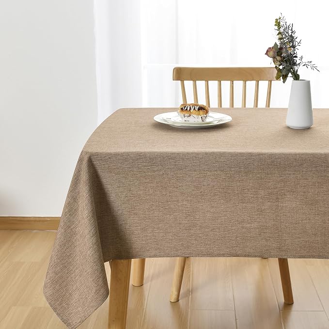 JIUZHEN Faux Linen Farmhouse Tablecloth Rectangular, Wrinkle Stain Resistant Table Cloth Rectangle Table Cover for Kitchen Dining, Holiday Party Dinner, Khaki, 60 x 102 Inch