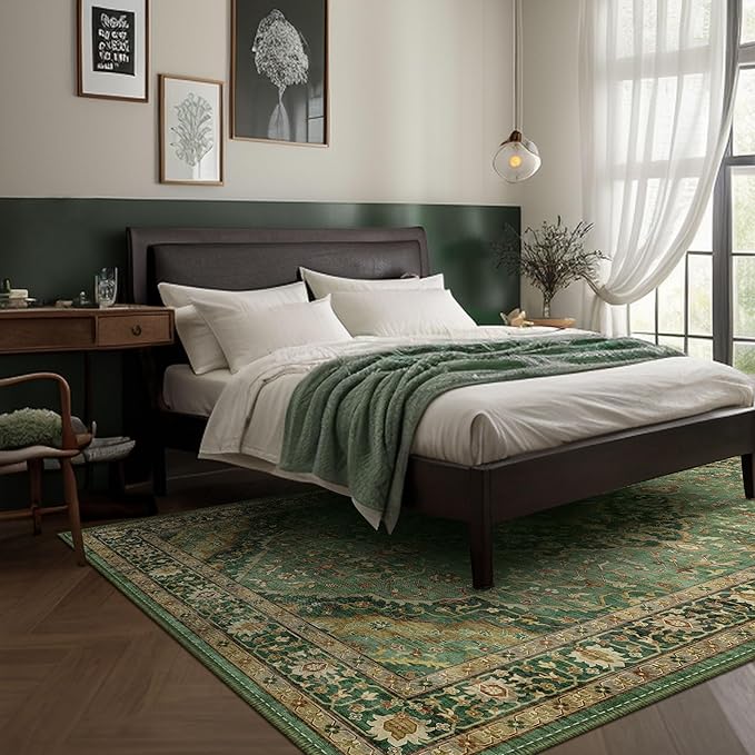 Green Rugs for Bedroom Area Rugs 5x7 Washable Rugs Boho Vintage Oriental Large Foldable Faux Wool Carpet for Living Room Nursery Room Dorm Kids Playroom Home Office