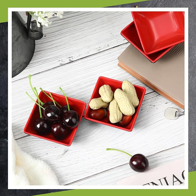 Hushee 25 Pcs Dipping Bowls Soy Sauce Dishes Dipping Sauce Cups Serving Plate Set Black Red Side Small Dish Pinch Bowls for Condiment, Soy, BBQ, Desserts(Square)