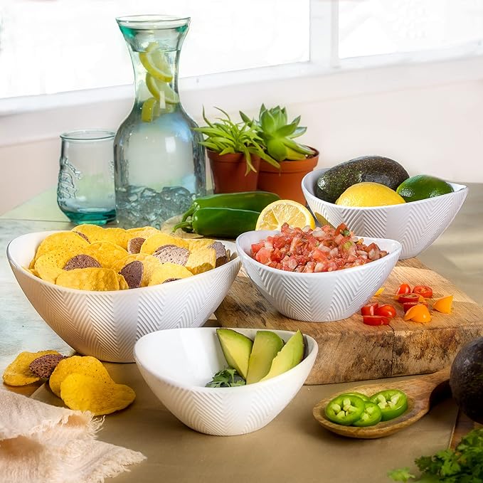 Euro Ceramica Highlands Collection Chip Resistant Semi Oval Salad, 4pc Bowl Set, white