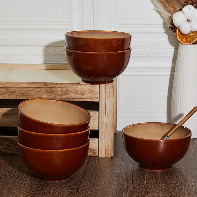 Reactive Glaze Bowls Set of 6, Microwave and Dishwasher Safe Bowls, Stoneware Soup Bowls, Kitchen Bowl Set for Cereal Soup Rice Pasta Salad Oatmeal, Brown and Yellow