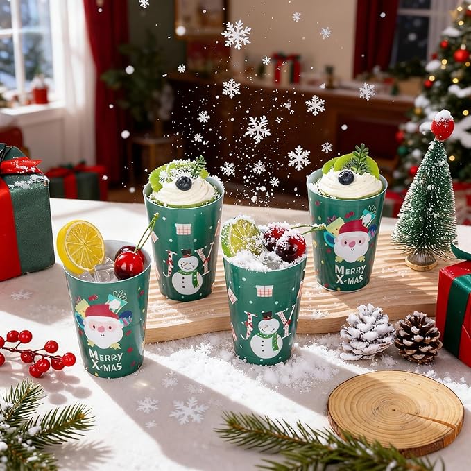 I00000 50Pcs 12oz Snowman Pattern Design Christmas Plastic Cups, Premium Disposable Cups, Green Xmas Party Cup with Santa Claus Pattern Design, Perfect for Christmas Party