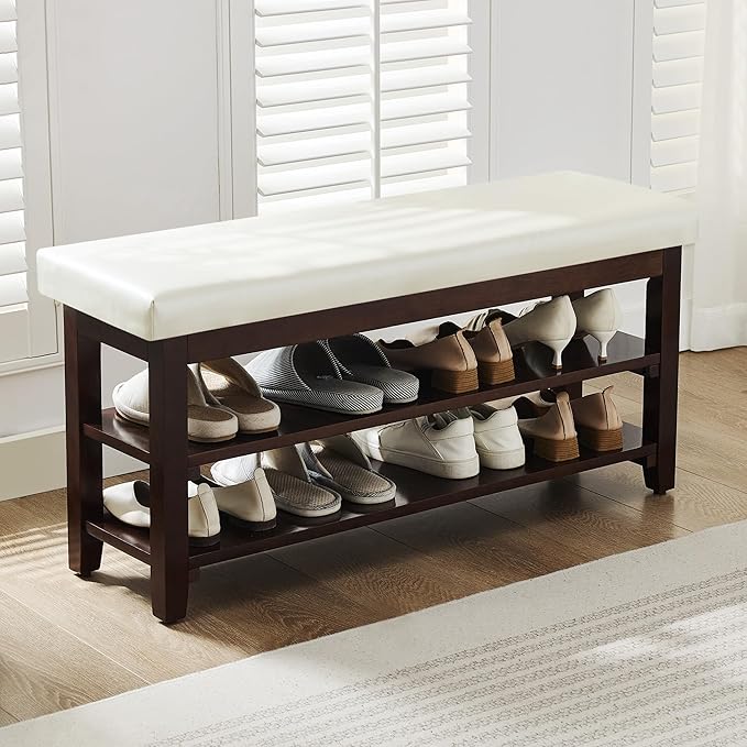 40" Shoe Bench with Leather Cushion, 2-Tier Shoe Rack Entryway Bench, Wood Bench for Front Door Entrance, Mudroom, Hallway, Wooden Shoe Shelves, Shoe Organizer, Shoe Storage, White