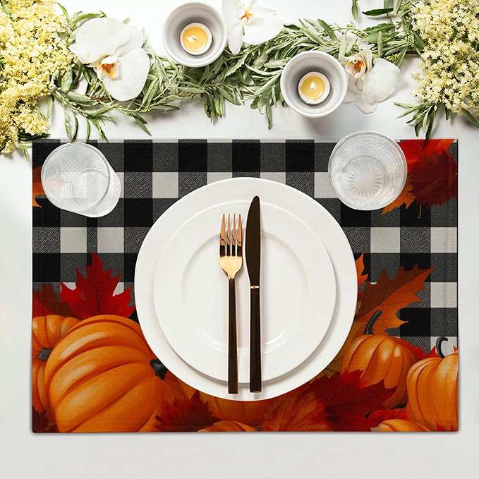 Pumpkins Placemats Set of 4 - Fall Buffalo Plaid Place Mats 12x18 Inch Autumn Farmhouse Pumpkin Table Mats for Kitchen Dining Room Thanksgiving Holiday Party