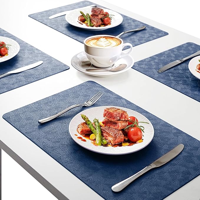 Vinyl Placemats Set of 4 Faux Leather 100% Waterproof Wipeable Washable Place Mats Heat Resistant Easy Clean Non-Slip Table Mats for Indoor Outdoor. (4,Blue)