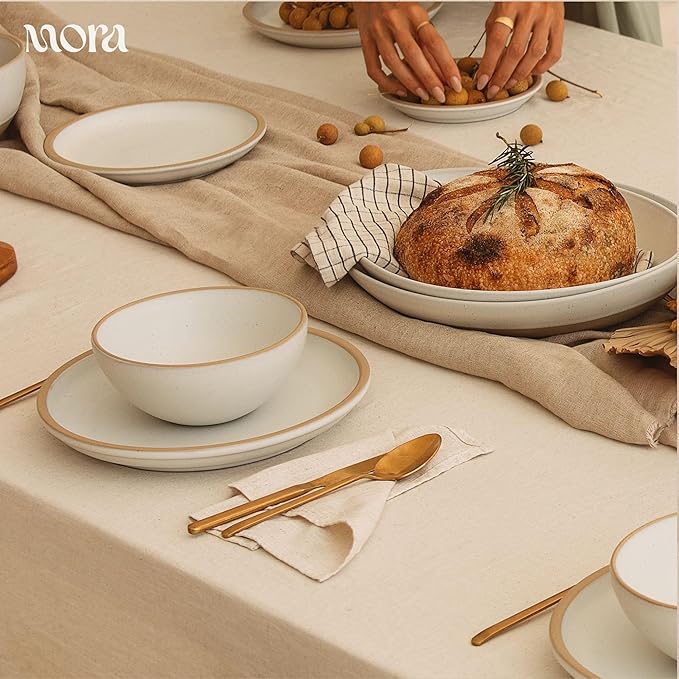 MORA Medium Bowls Set of 4, 28oz Ceramic Pottery Everyday Bowls - Microwave, Oven and Dishwasher Safe - Oat