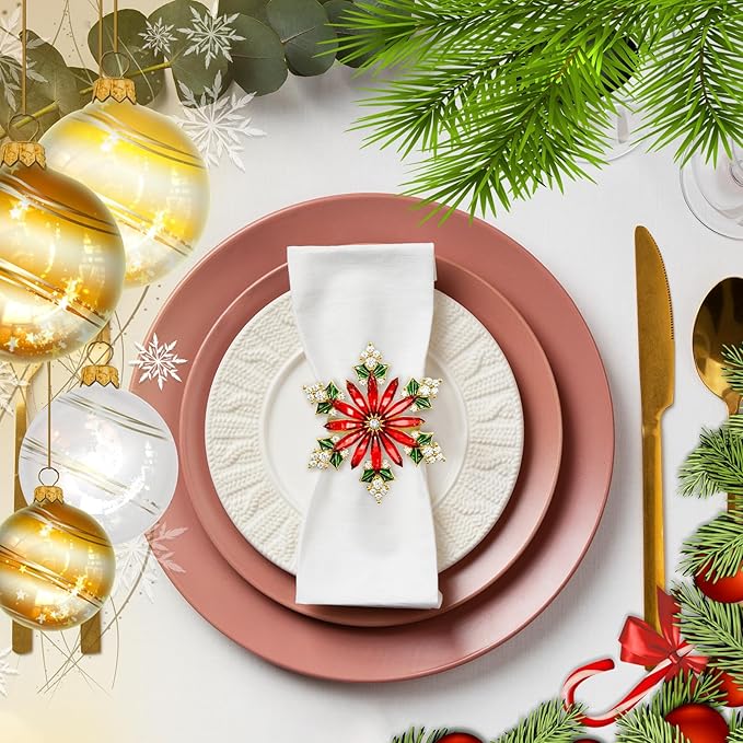 ZeeDix Christmas Crystal Snowflake Napkin Rings Set of 12- Rustic Dinner Tables Setting Decoration for Wedding Receptions, Christmas Holiday Party Dinner Parties