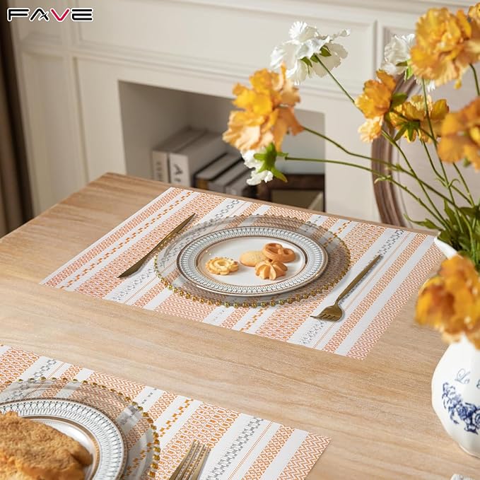 FAVE Boho Vinyl Placemats Set of 6, Durable Woven Place Mats Washable Heat Resistant PVC Table Mats for Parties,Weddings, Dining,Banquet(Orange, 6PCS)