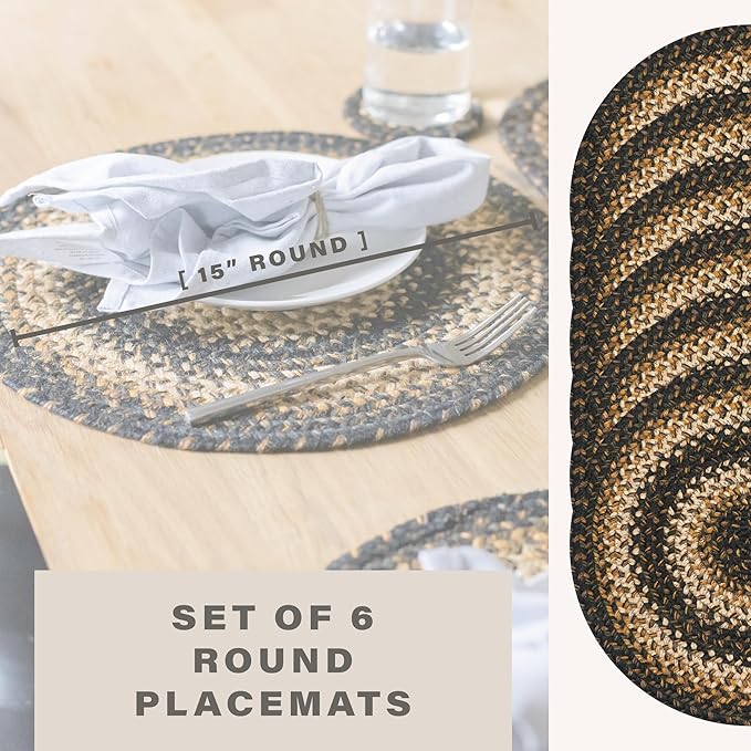 Homespice Kilimanjaro Jute Woven Round Placemats Set of 6, 15", Warm Primitive Decor, Black and Tan Table Mats - Vibrant Colors, Durable, Easy to Clean and Protects Furniture