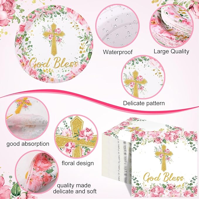 Pickmesh 250 Pcs Pink Baptism Cross Disposable Tableware Set First Holy Communion Baptism Disposable Paper Plates Napkins and Cups for Christening Celebration Baby Shower Religious Supplies