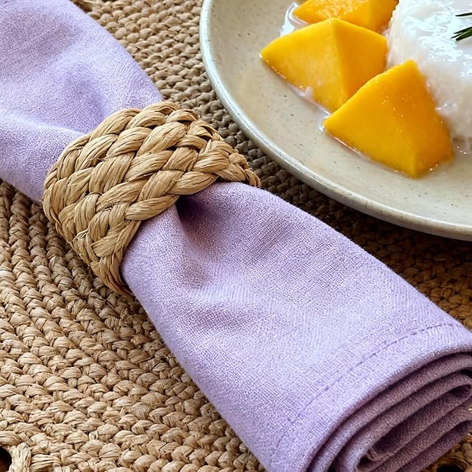 SHEUTSAN Woven Water Hyacinth Napkin Rings, Braided Design, 1.96 x 1.37 Inch, Set of 24, Farmhouse Style