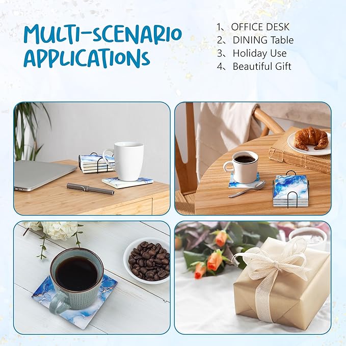 Blue Absorbent Ceramic Coasters for Drinks with Black Holder and Cork Base Set of 4, Square Decorative Coffee Table Decor for House Warming Gifts New Home