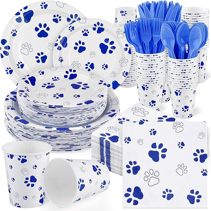 Kochorie 400 Pieces Blue Paw Disposable Party Tableware Sets Dog Puppy Supplies Including Plates Cups Napkins Cutlery Serves 50 for Birthday Puppy Theme Party Decorations