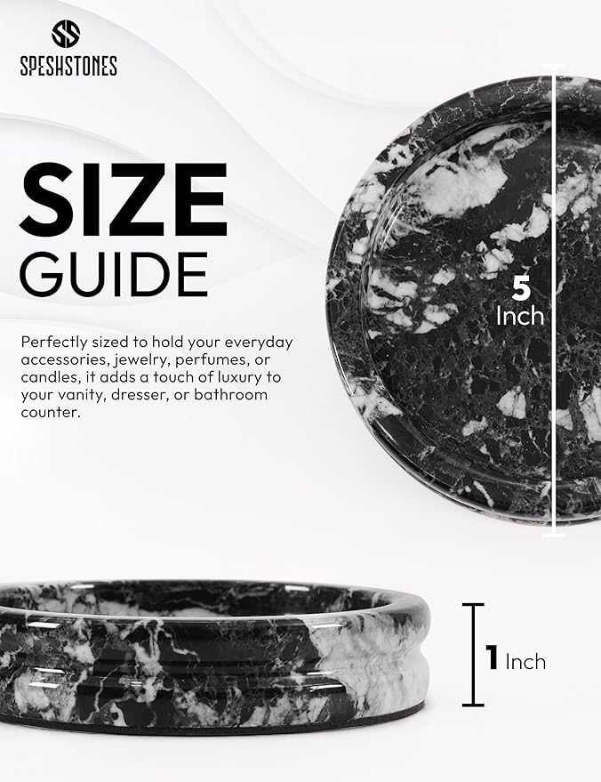 Marble Jewelry Dish 5 Inch Handmade Black Small Trinket Dish, Necklace & Ring Holder for Vanity Decor Accessories, Candle Plate, Key Bowl & Perfume Organzier, Gifts for Women