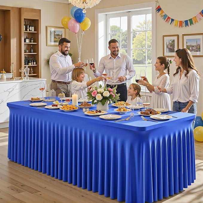 Wish Care 6 Pack Royal Blue Spandex Table Clothes for 6 Foot Rectangle Tables, 6FT Wrinkle Free Fitted Tablecloths Ruffles Design Table Cloth for Party, Banquet, Wedding and Events