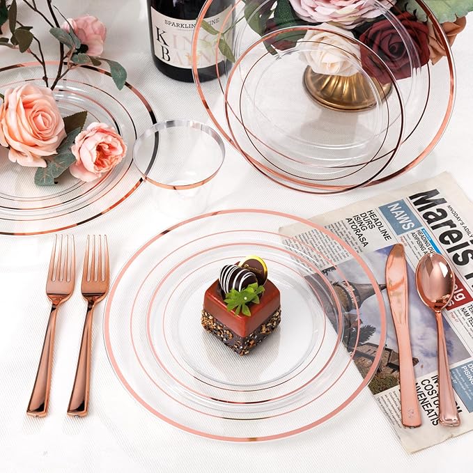 bUCLA 600PCS Clear Rose Gold Plastic Dinnerware Set Disposable - Include 100 Dinner Plates, 100 Dessert Plates, 100 Knives, 100 Forks, 100 Spoons, 100 Cups for Party, Wedding & Valentines Day