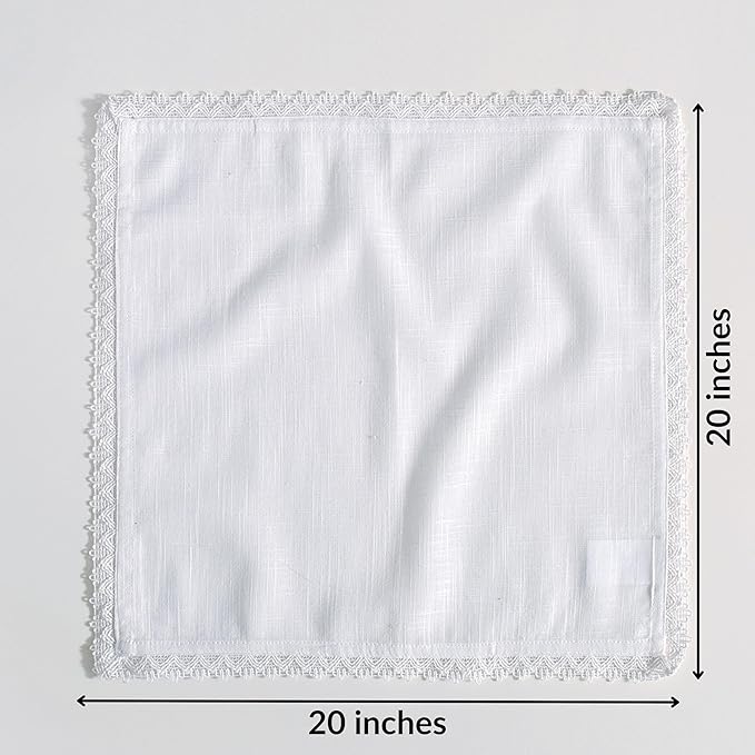 FINGERCRAFT Dinner Cloth Napkin Cotton Linen 12 Pack Vintage Rustic Premium Quality Mitered Corners Napkin Cloth with Elegant Lace for Everyday Use Pre Shrunk and Good Absorbency 20x20 in White