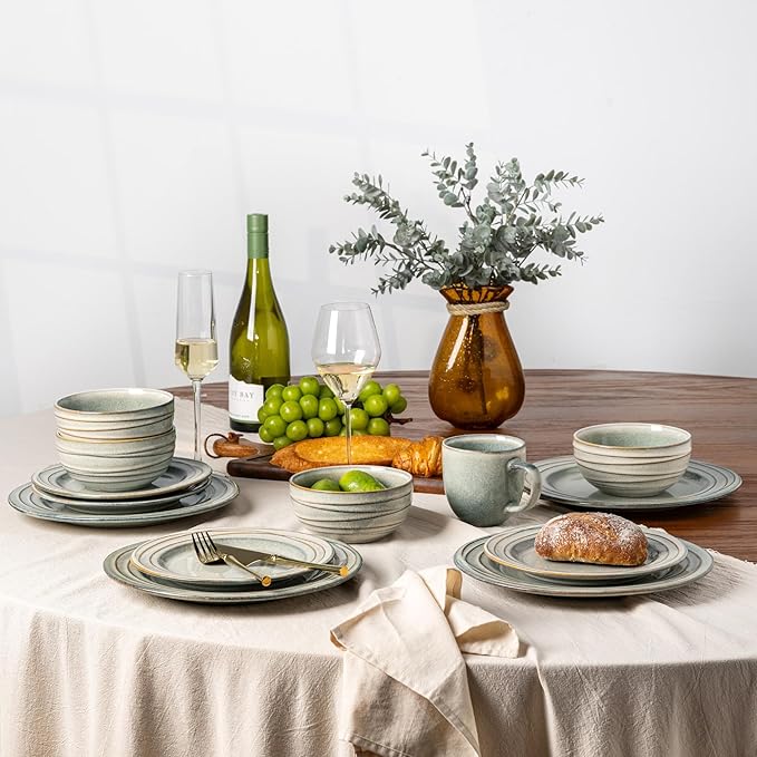 GBHOME Ceramic Dinnerware Sets,12 pcs Embossed Elegant Stoneware Plates and Bowls Sets, Housewarming Wedding Gift | Dishwasher & Microwave Safe | Dishes Set Service for 4,Desert Sage