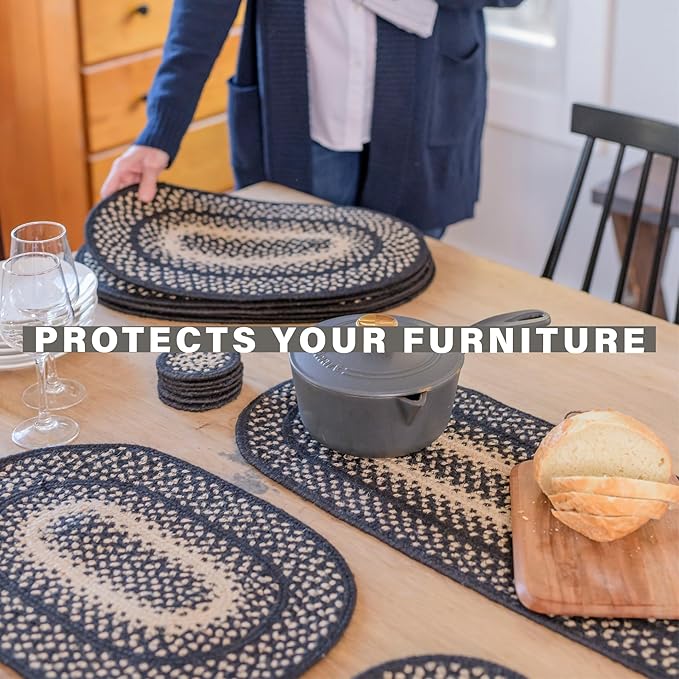 Homespice Manchester Jute Braided Table Runner Set of 2-8x28, Oval, Black & Tan - Rich Colors, Easy to Clean, Durable and Protects Furniture