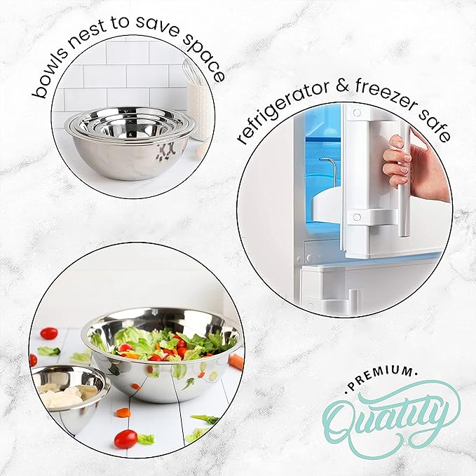 WHYSKO Meal Prep Stainless Steel Mixing Bowls Set, Home, Refrigerator, and Kitchen Food Storage Organizers | Ecofriendly, Reusable, Heavy Duty (Black)