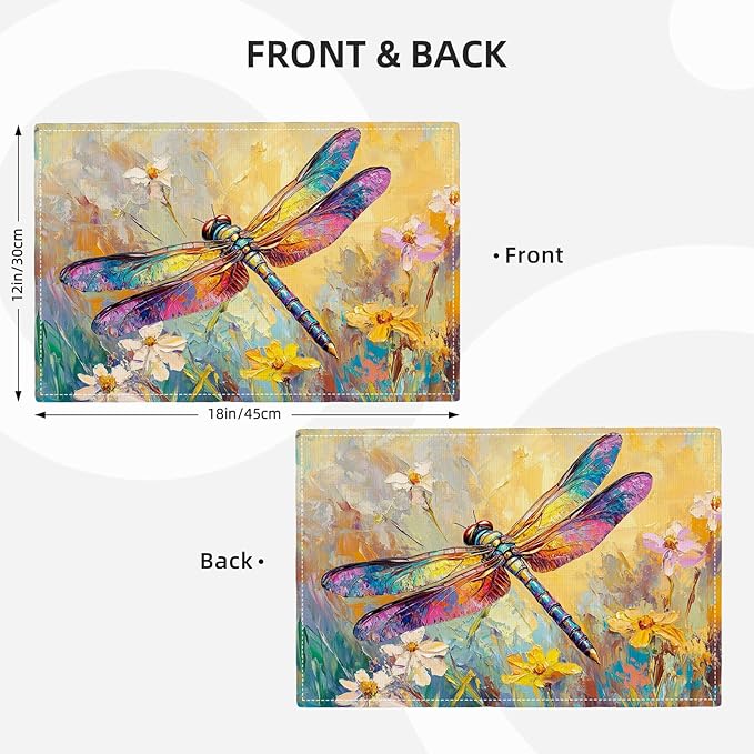 Dragonfly Placemats Set of 4, Dragonfly Flower Table Mats, Floral Washable Place Mats for Coffee Bar Home Party Indoor Kitchen Dining Table Decoration 12x18 Inch