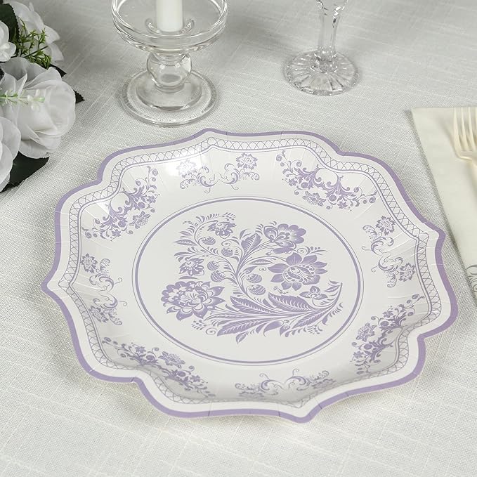 50 Pack 10" White Lavender Lilac French Toile Dinner Plates, Disposable Round Paper Party Plates 300 GSM for Festive Table Decoration