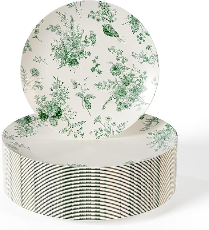 Trendables 40 Piece Plastic Disposable Plates Set For 20 Guests I 20 X 8 Inch Dessert Plates & 20 X 10 Inch Wedding Party Plates | Ivory & Green Verdure Design
