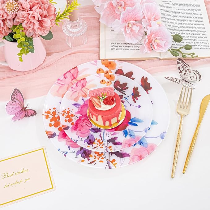 DaYammi 20Pcs Floral Disposable Plastic Plates-Disposable Heavy duty Watercolor Floral Plastic Plates 10.25 inch Dinner plates and 7.5 inch Dessert plates, Disposable Plate for Valentine's Day Party