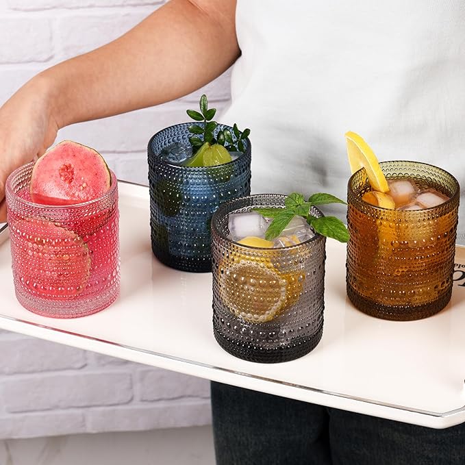 Cocktail Glasses 10 oz Hobnail Drinking Glasses Set of 6, Vintage Glassware, Textured Glass Cups Bubble Glasses Water Glasses Old Fashion Jupiter Glasses Set, Grey