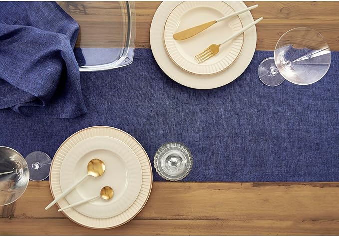 Solino Home Linen Table Runner 144 Inches Long - Athena, 100% Pure Linen Chambray Navy Dining Table Runner 14 x 144 Inch for Winter, Spring