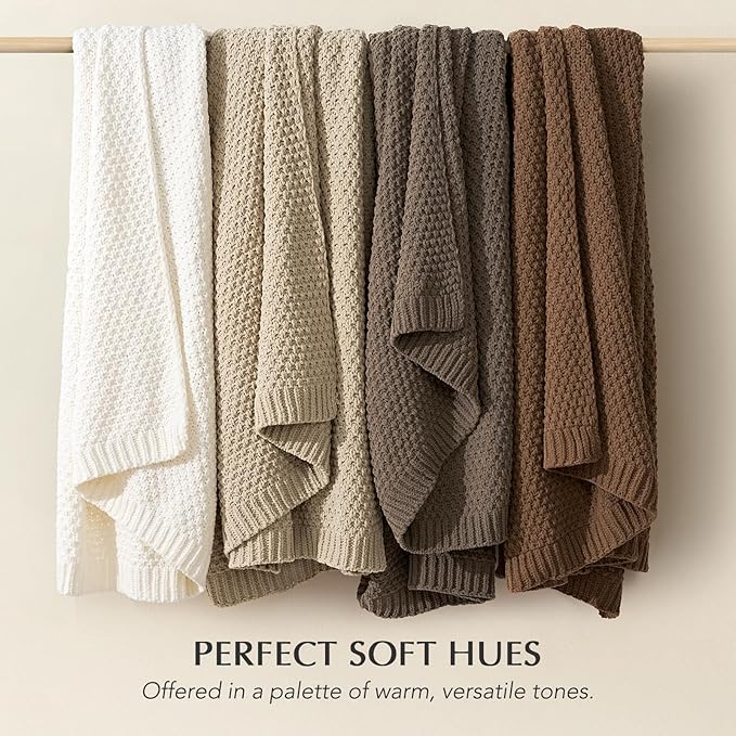 EVERGRACEHOME Chunky Chenille Knit Throw Blanket for Couch, Soft Luxurious Moss Stitch Blankets for Bed, Cozy Decorative Farmhouse Knitted Throws for Sofa, Camel Brown, 60" x 80"