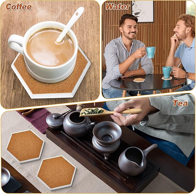 Zopeal 96 Pcs Ceramic Tiles for Crafts Coasters Include Unglazed White Ceramic Tiles with Cork Backing Pads Use with Alcohol Ink Acrylic Pouring for DIY Project Gift (Hexagon)