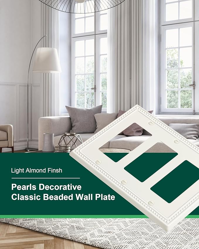 2-Pack Triple Decorator Outlet Cover Plate, Light Almond Pearls Decorative Switch Plates Covers, Metal Wall Plates for Electrical Outlets, Receptacle, GFCI Outlet, Dimmer Switch