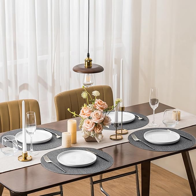 Jovono 15" Faux Leather Big Round Placemats Set of 4 - Washable Heat Resistant Non-Slip Dining Table Mats with Fabric Texture for Kitchen Home Party Decor, Gray