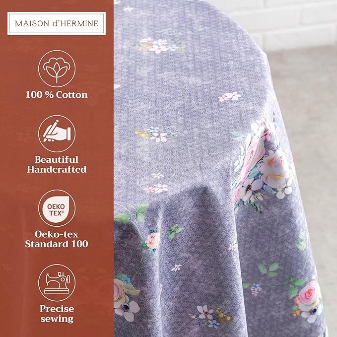 Maison d' Hermine Table Cloth Round Table 100% Cotton 63 Round Inches Tablecloth Reusable Decorative for Dining Room Home Valentines Day Decorations Spring Summer- Sweet Rose Lavender - Country Garden
