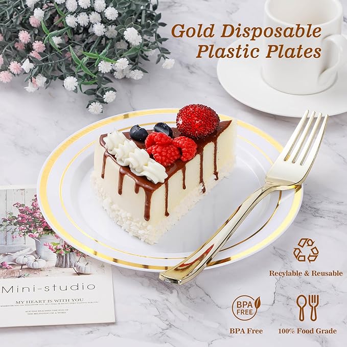 BESTVIP 50PCS 7 Inch Gold Plastic Plates, Disposable Dessert Plate with Gold Rim, Small Heavy Duty Disposable Plastic Plates for Party, Wedding and Birthday, Christmas, Thanksgiving