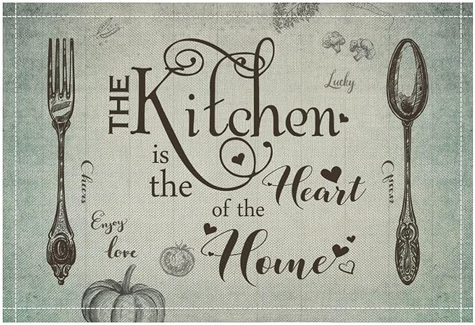 Retro Farmhouse Placemat Set, Minimal Green Gradient Rustic Plank Art Sketch Cutlery Knife Fork Inspirational Quotes Pattern Home Decor Linen Table Mats for Dining Room Kitchen Party (17x12in) x2P